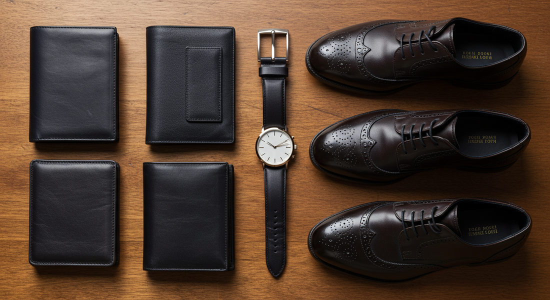 Flat lay of a leather wallet, formal belt, and brown dress shoes arranged on a wooden surface, representing coordinated men’s fashion accessories.