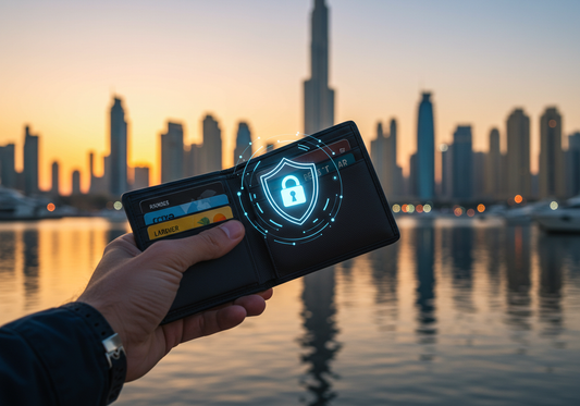Man holding a modern RFID-blocking wallet with credit cards partially visible, standing in front of Dubai Marina skyline at sunset, symbolizing digital security and stylish protection in the UAE.