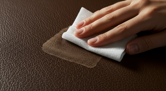 Hand using a baby wipe on leather, leaving a dull streak suggesting potential damage