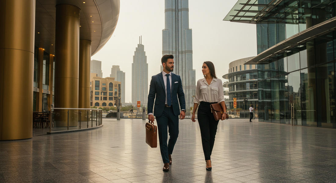 UAE professionals entering a Dubai office with stylish leather accessories including a briefcase and laptop bag, symbolizing office fashion and elegance.