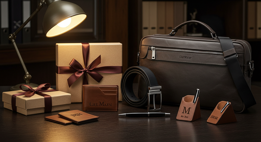 Flat lay of personalized leather gifts for boss including a wallet, belt, laptop bag, and pen stand with engraved initials, placed elegantly on a dark wood desk with gift boxes.