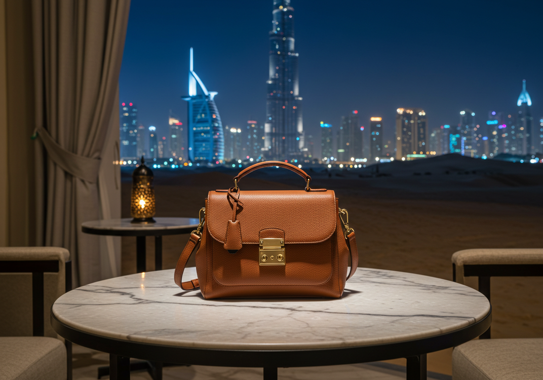 Handcrafted genuine leather bag on a marble table with the Dubai skyline in the background, symbolizing luxury, authenticity, and premium craftsmanship from MyLaveri.