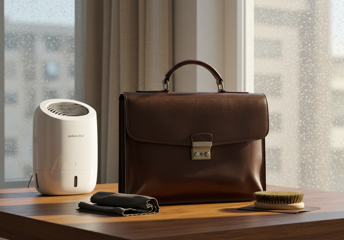 A premium leather briefcase on a desk in a UAE office, surrounded by cleaning and conditioning tools for humid climate leather care.