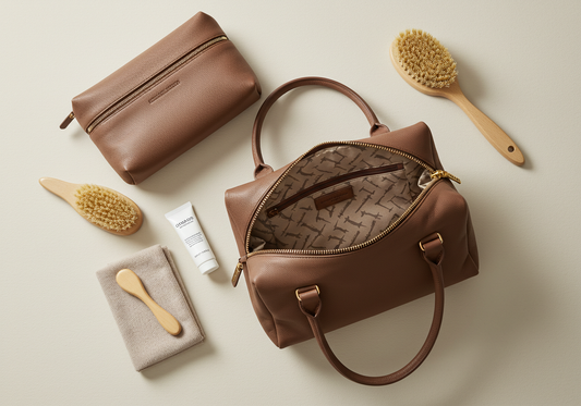 Open leather bag and toiletry pouch with cleaning supplies like cloth, brush, and baking soda arranged around them on a neutral background.