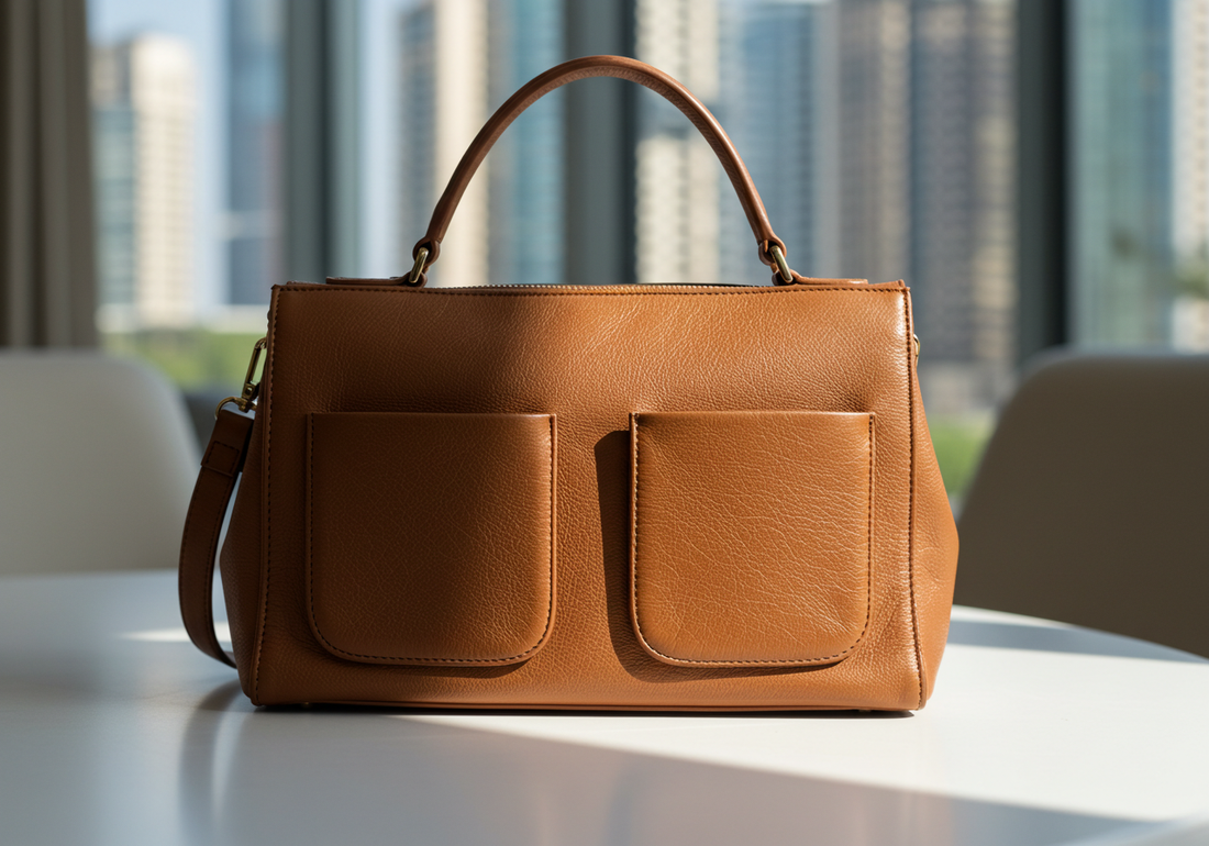 Perfectly shaped leather handbag with firm pockets, styled in a luxury UAE setting, showing proper care and maintenance to prevent sagging."