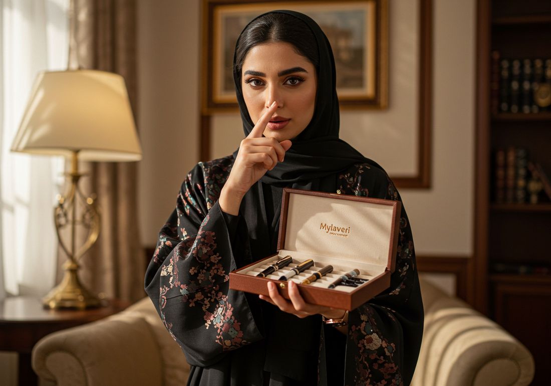 Elegant Arabic woman in abaya holding an open “Mylaveri” leather pen box with fountain pens, pinching her nose to avoid ink smell.