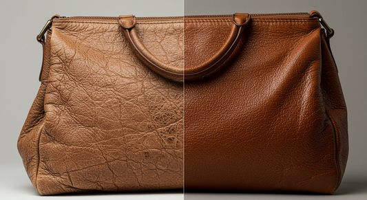 A split-view image showing the same leather handbag in two conditions: the left side displays a dull, cracked, and damaged surface, while the right side reveals a shiny, smooth