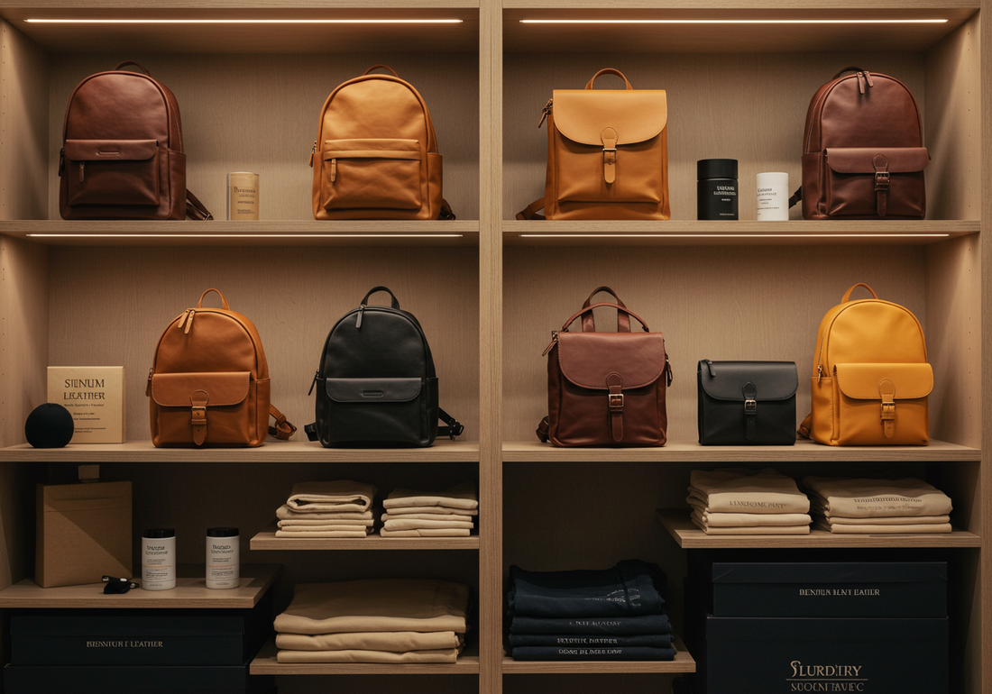 Well-maintained leather backpacks and sling bags stored upright on shelves with perfect shape, surrounded by dust bags and care products.
