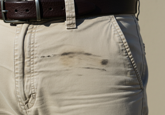 A close-up of light pants stained at the waistline from a dark leather belt, illustrating belt color transfer problem.