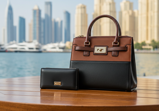 "Luxury leather handbag and wallet with Dubai Marina view, showing protection against UAE’s high salt air"