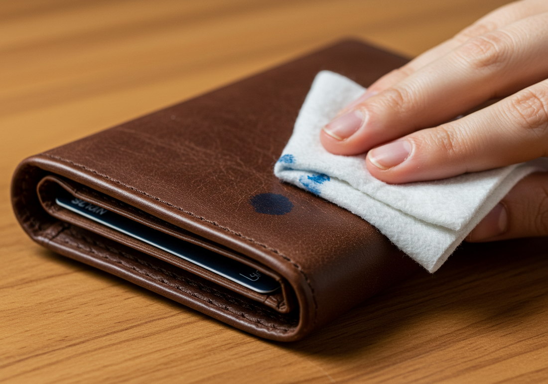 Cleaning ink stains from a brown leather wallet with a soft cloth on a wooden table