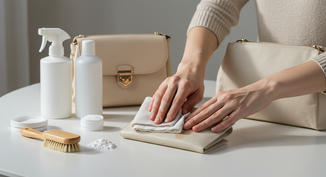 Person cleaning a white leather handbag and wallet with a microfiber cloth and leather-safe cleaning products on a bright table setup