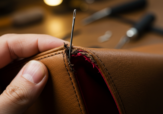 Leather bag seam repair with curved needle and hand holding edge.