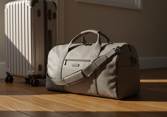 A stylish duffel bag in perfect shape placed beside a suitcase in a bright travel setting, symbolizing durability and proper care.
