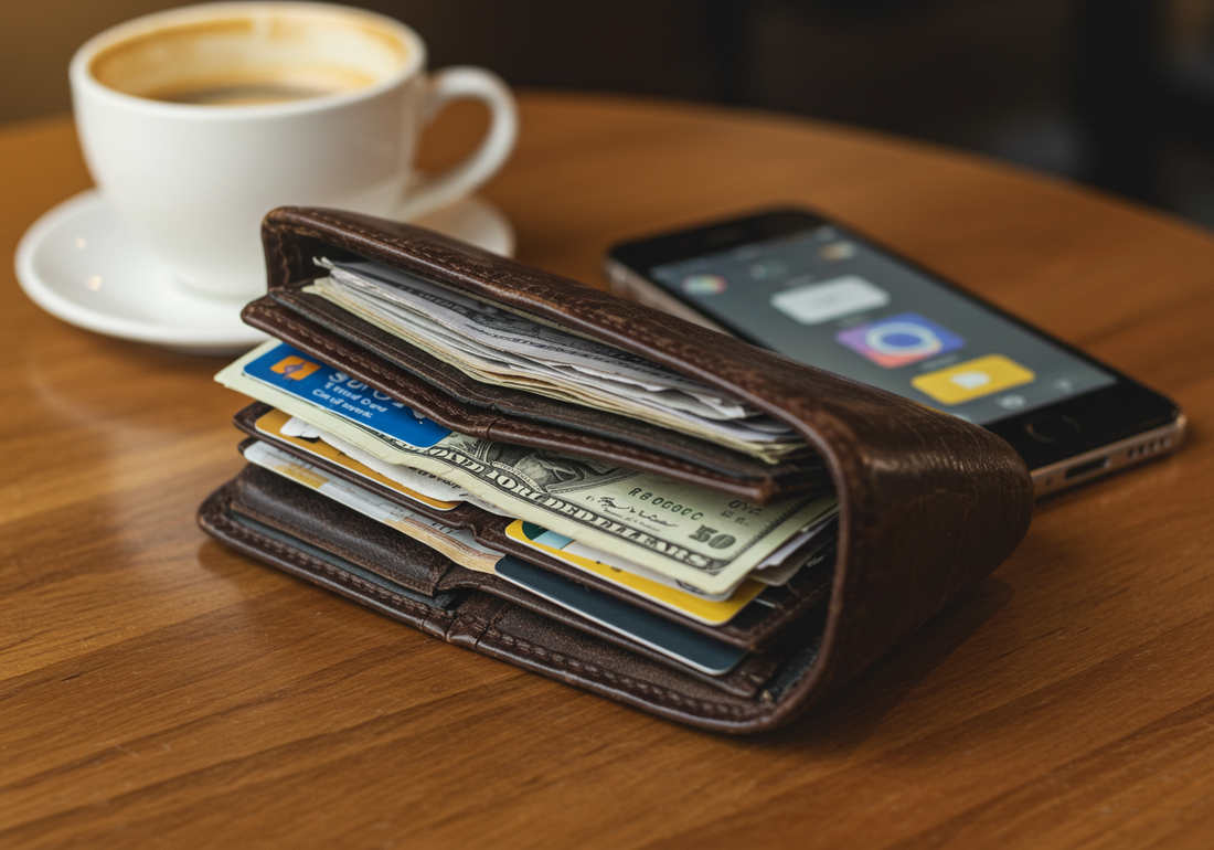 A worn leather wallet overstuffed with cash, cards, and crumpled receipts sitting on a coffee shop table beside a cup of coffee and a smartphone displaying a digital wallet app, captured in warm natural daylight.