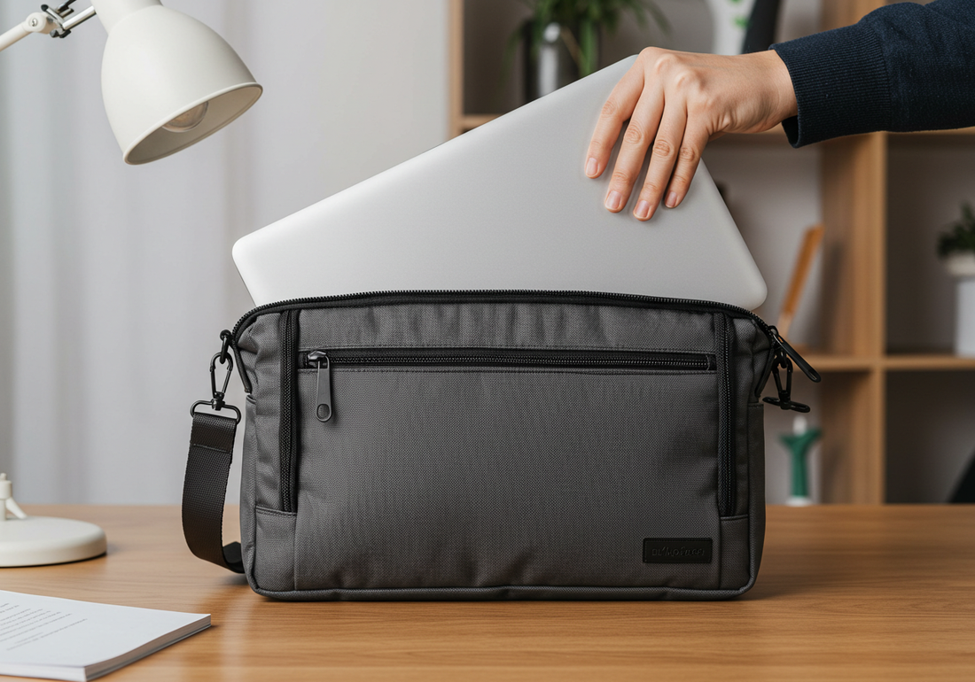 Person struggling to fit a laptop into a small laptop bag with a zipper that won’t fully close, on a desk in a realistic everyday workspace setting.