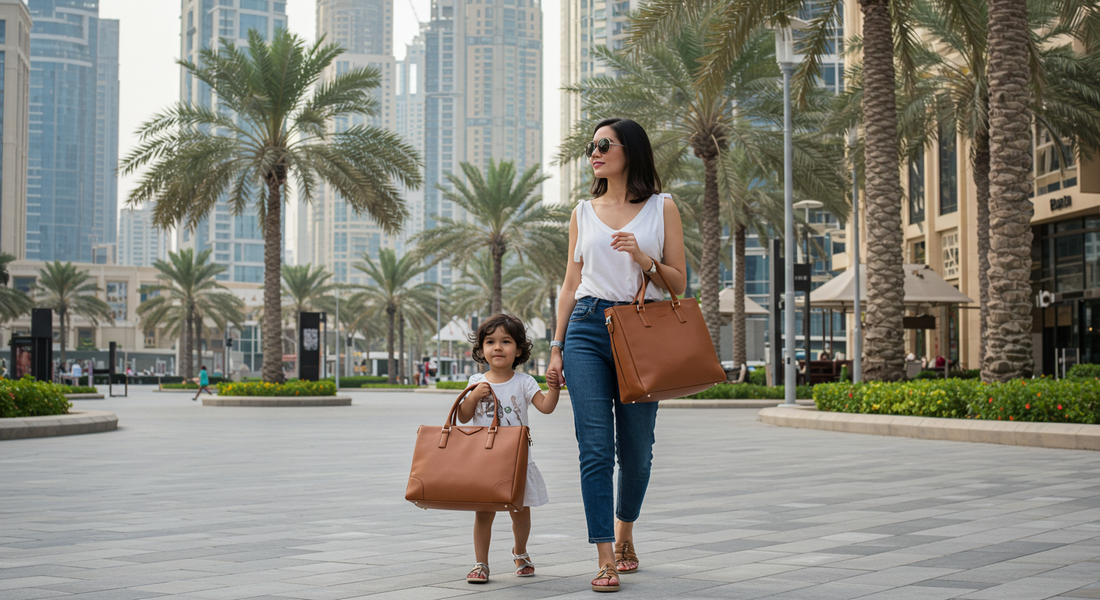 Stylish mom walking in Dubai with a tan leather crossbody bag and a leather laptop tote, holding her child’s hand, showcasing modern fashion and functionality for busy moms.