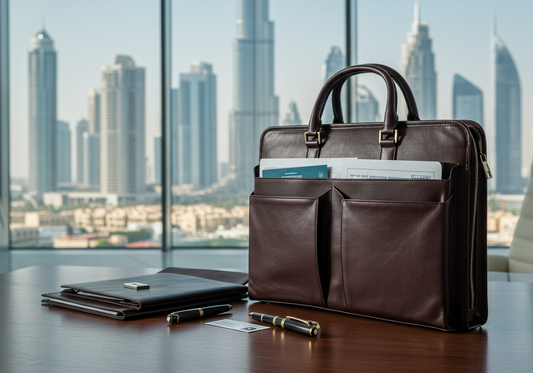 Premium full-grain leather briefcase on a wooden desk with organized compartments, set against the Dubai skyline—ideal for UAE lawyers and CEOs seeking style and functionality.