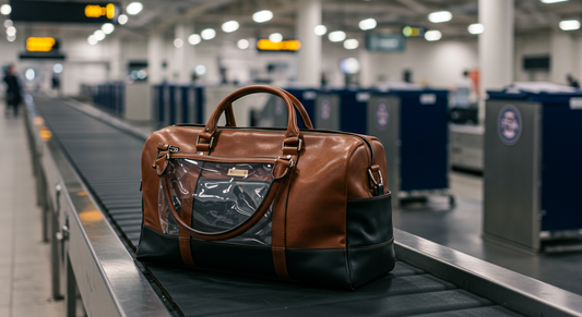 Premium leather travel bag with TSA-friendly layout on airport conveyor belt during security check.