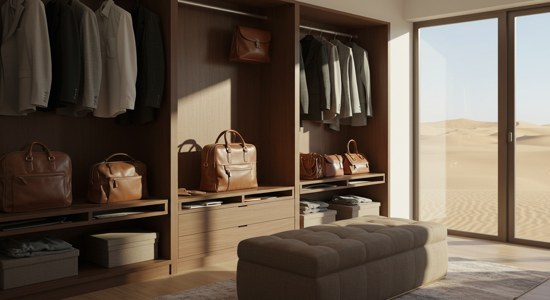 Luxury leather bags, shoes, and jackets stored properly in a modern climate-controlled Dubai closet, protected from heat and sand.