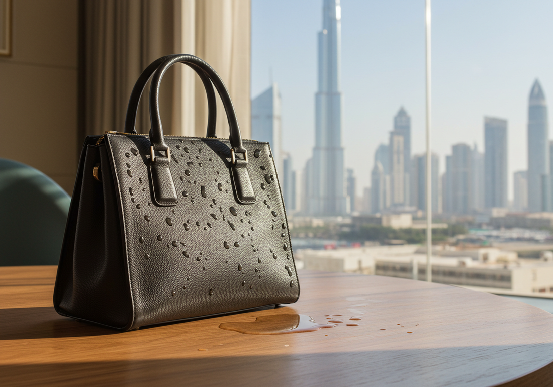 Premium leather handbag on a wooden table with water droplets, showcasing waterproof protection in a modern UAE setting
