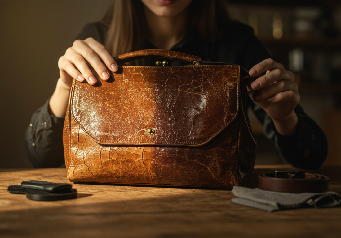 Woman holding cracked and restored leather bag and belt in sunlight.