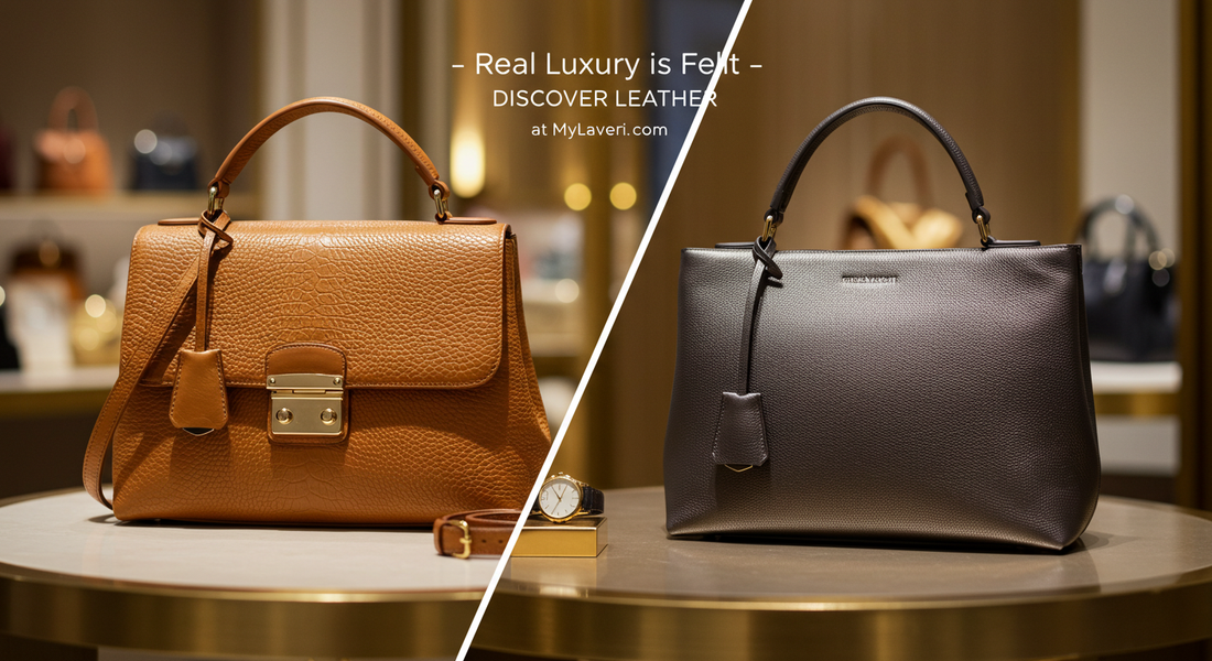 Split image of a luxury boutique display showcasing a premium handcrafted leather handbag with rich texture on one side and a synthetic imitation bag with a plasticky finish on the other, highlighting the contrast in quality and elegance