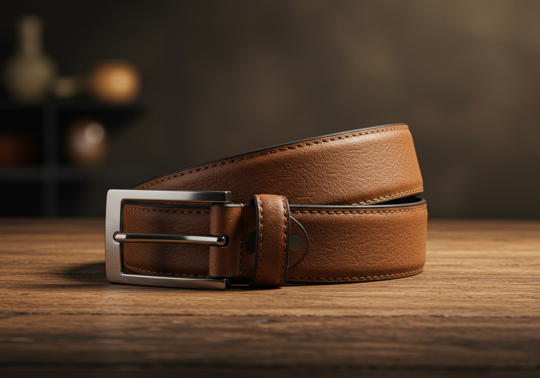 Premium brown leather belt on a rustic wooden table with polished silver buckle, showcasing fine stitching and rich texture