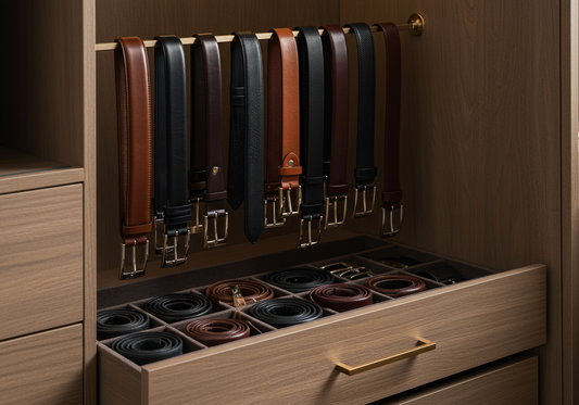 Organized wardrobe with leather belts hanging neatly on a belt rack and rolled in a drawer organizer to prevent warping"