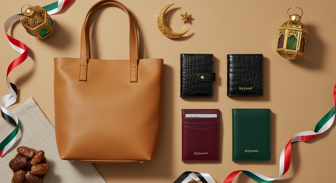 Flat-lay of luxury leather gifts including wallets, handbags, belts, and accessories themed for Eid, Ramadan, and UAE National Day with Arabic and Emirati decorations in the background