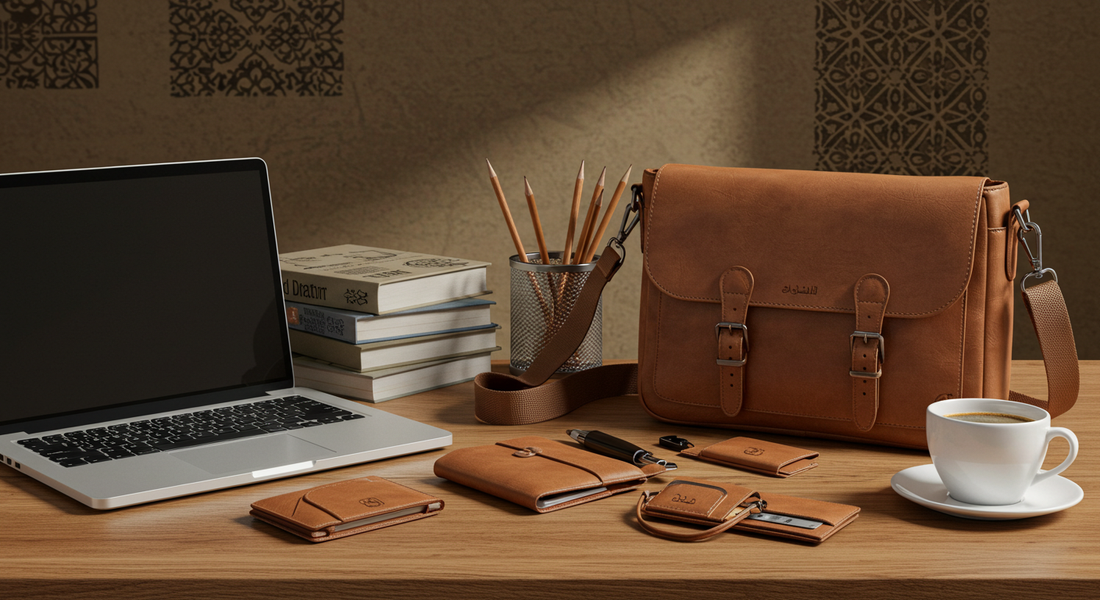 Leather wallets, messenger bags, and student accessories arranged on a desk with laptop and coffee, ideal for university students in Abu Dhabi and Sharjah