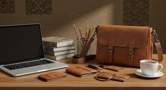Leather wallets, messenger bags, and student accessories arranged on a desk with laptop and coffee, ideal for university students in Abu Dhabi and Sharjah