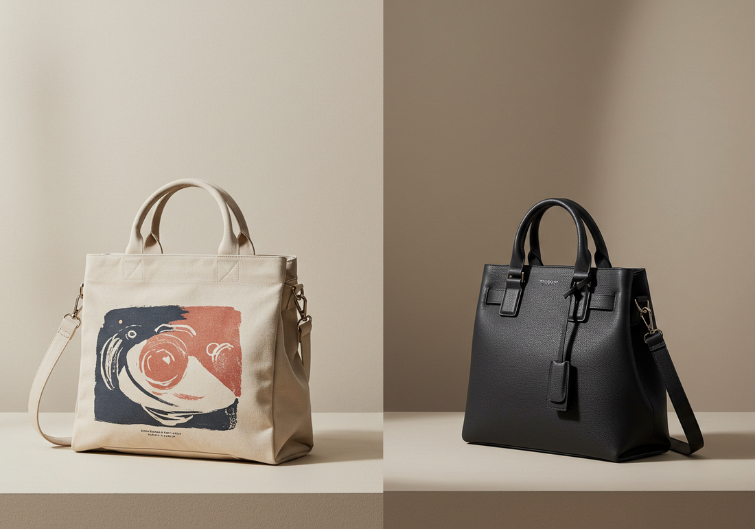 Side-by-side comparison of a casual canvas bag and a stylish leather bag on a minimalist surface, showcasing their distinct textures, colors, and fashion aesthetics.