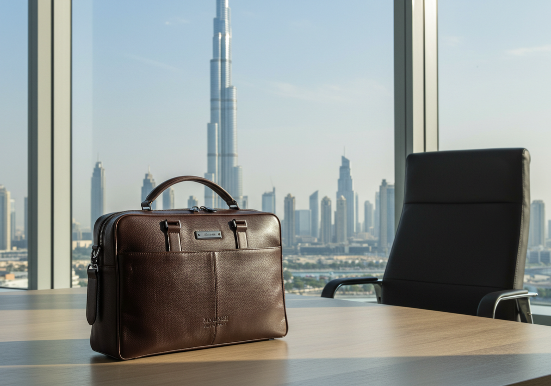 Executive leather bag on a luxury office desk with Dubai skyline in the background, showcasing premium craftsmanship, full-grain leather texture, and personalized monogram—symbolizing VIP style and business professionalism in Dubai.