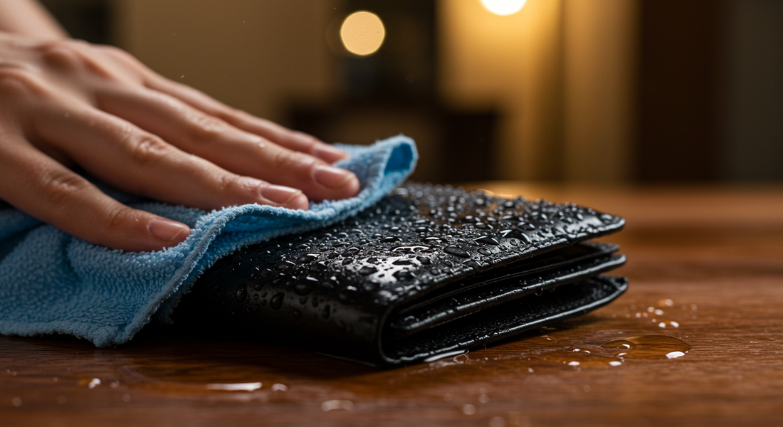 A wet leather wallet being blotted with a towel on a wooden table in a modern UAE home, showing visible water droplets and gentle drying action.
