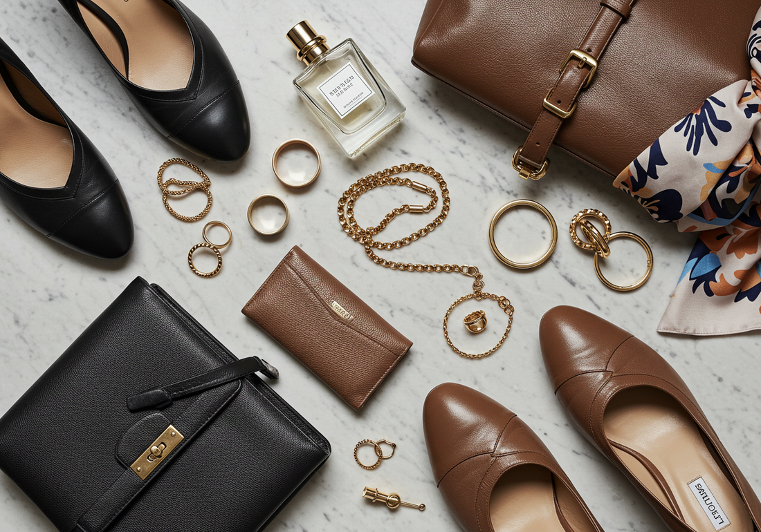 Flat lay of luxury leather accessories including a designer handbag, leather shoes, and wallet on a marble surface with gold jewelry and silk scarf, showcasing elegance and premium craftsmanship