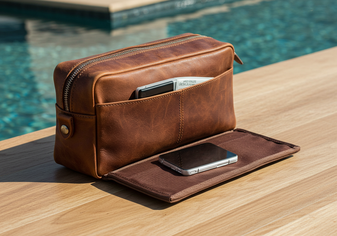 Premium leather washbag for men placed on a marble counter with grooming essentials, showcasing luxury, style, and functionality—perfect for the modern UAE lifestyle.