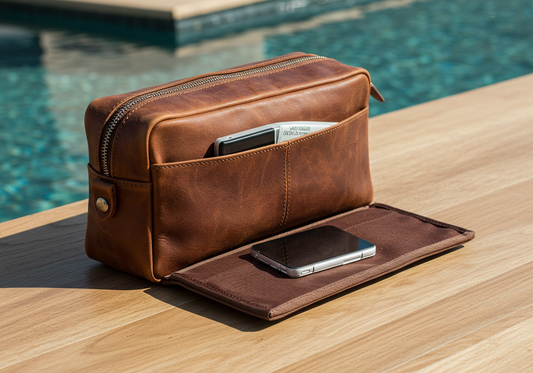 Premium leather washbag for men placed on a marble counter with grooming essentials, showcasing luxury, style, and functionality—perfect for the modern UAE lifestyle.