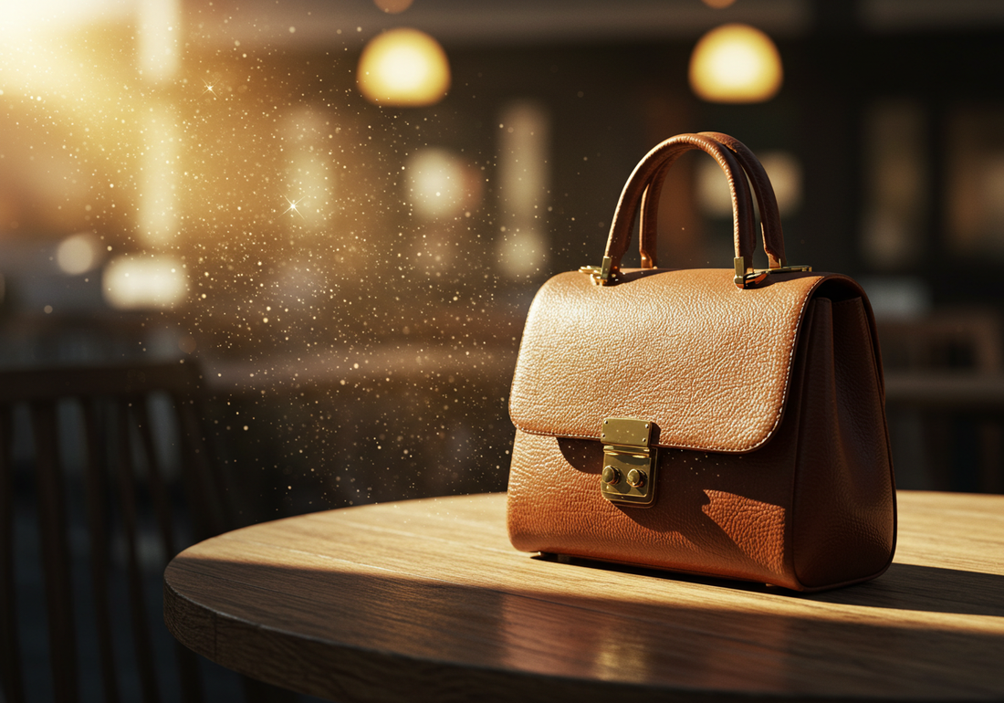 Luxurious brown leather handbag on a vintage wooden table, glowing in golden sunlight with sparkling dust particles in the air and a blurred chic café background."
