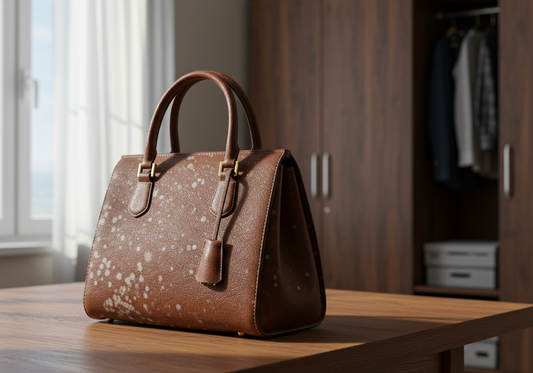 Brown leather handbag on a wooden table with mould spots, placed in an air-conditioned room near a wardrobe, showing moisture prevention tips