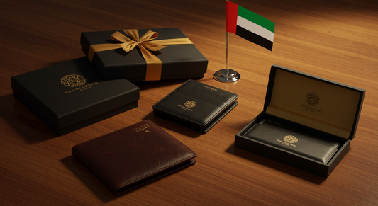 Luxury leather corporate gift set featuring a wallet, cardholder, and pen box with UAE-themed background and elegant packaging – ideal for business gifting in the UAE.