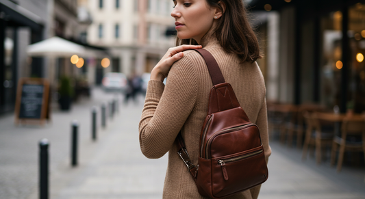 Fashionable woman walking in a city wearing a brown leather sling bag, gently touching her shoulder in discomfort, highlighting bag-related shoulder strain in an urban setting.        Ask ChatGPT