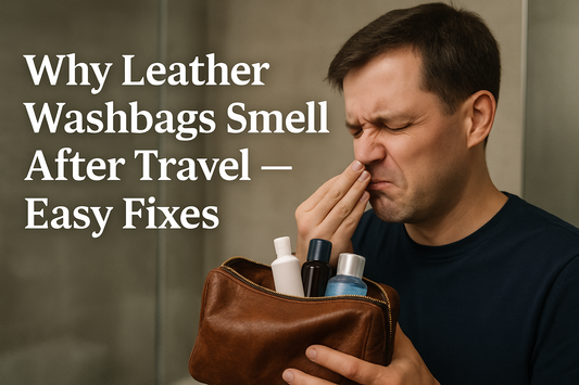 A man holding a brown leather washbag grimaces and pinches his nose due to a bad smell,