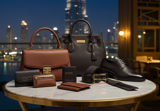 Flat lay of premium leather accessories including a handbag, wallet, and shoes from MyLaveri, styled on a marble surface with Dubai skyline in the background