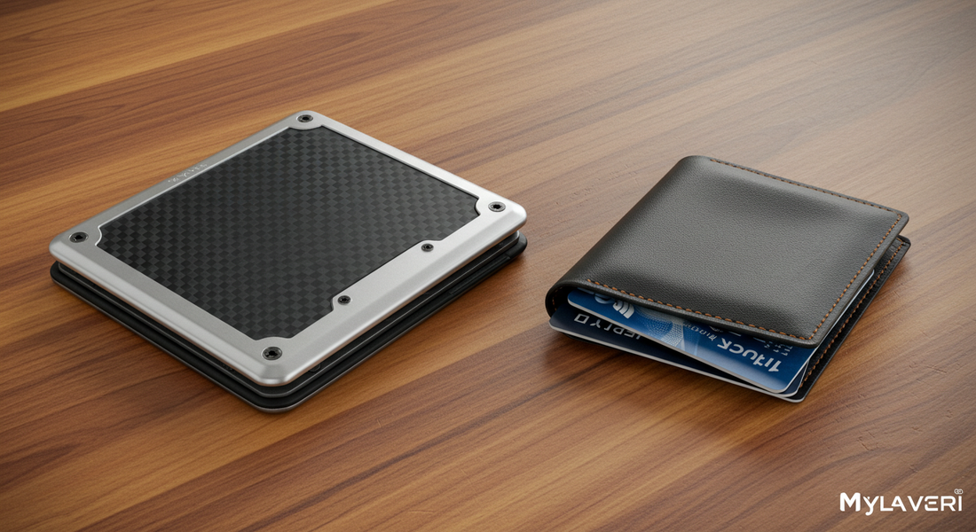 RFID wallet from Mylaveri beside a bent leather wallet and damaged credit cards, highlighting the difference in card protection”