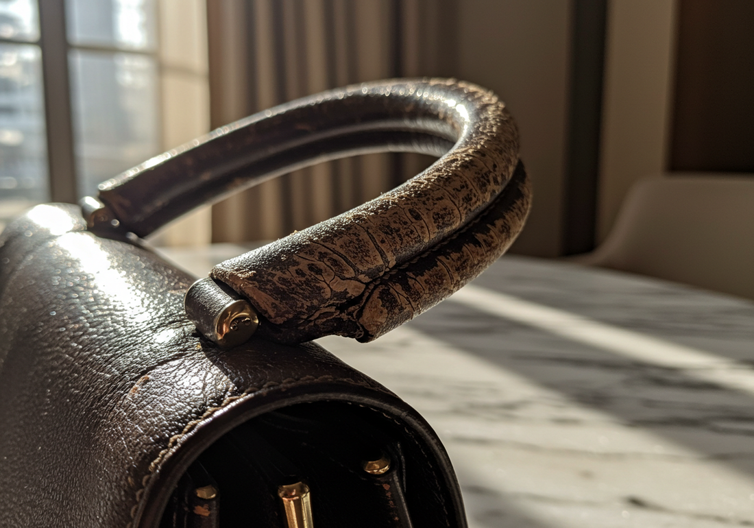 Close-up of cracked leather handbag handle in Dubai home, sunlight showing texture damage