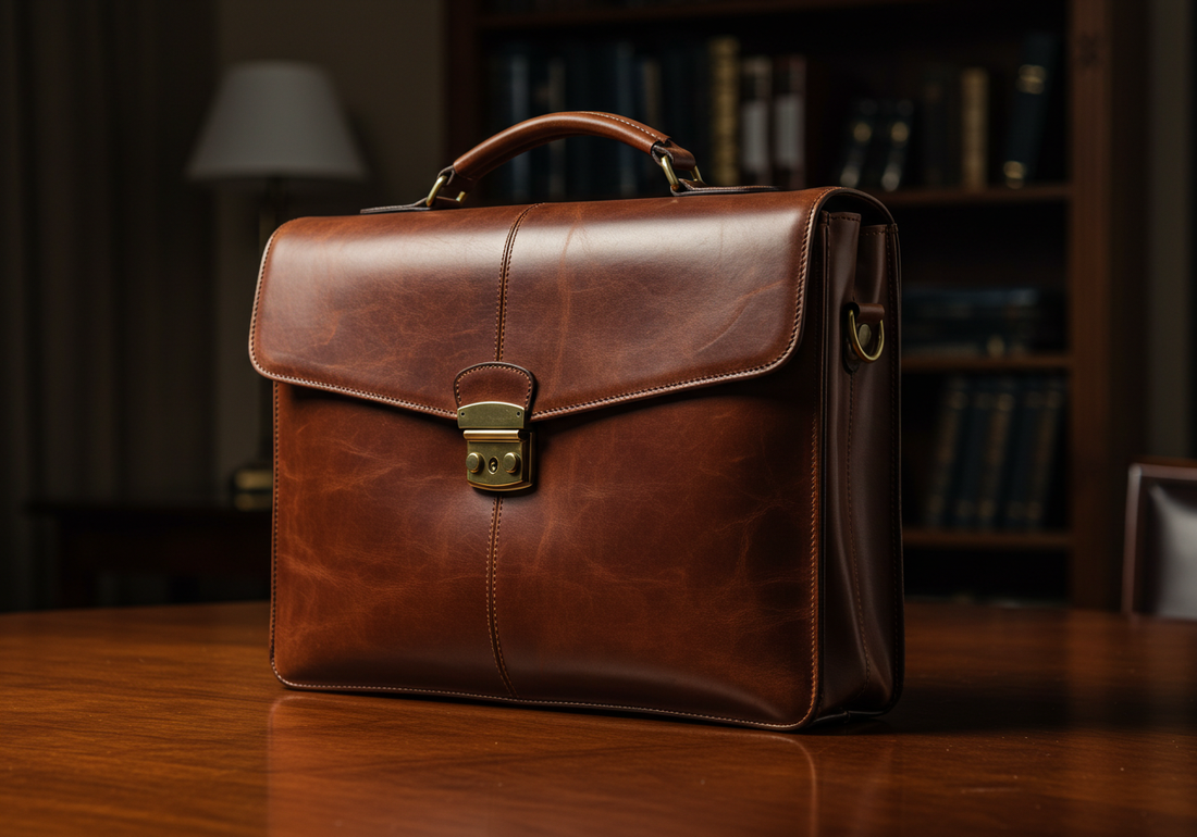 Structured brown leather briefcase on a desk with strong sides and luxury finish in an elegant office setting.