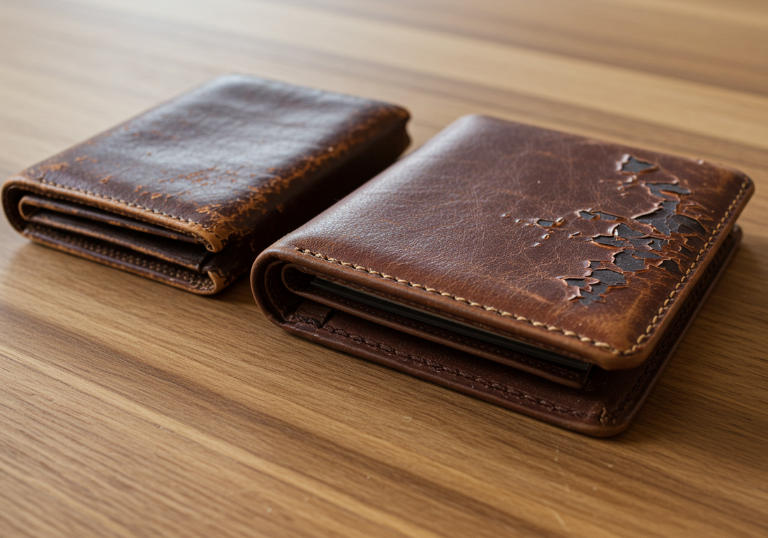 Premium brown leather wallet next to an old peeling wallet, showing the difference between high-quality and low-quality leather.