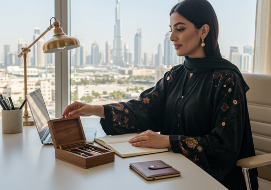 Arabic woman in abaya at a minimalist UAE office desk with an elegant wooden pen box, laptop, and leather notebook, showcasing luxury desk accessories and modern office decor in Dubai. 