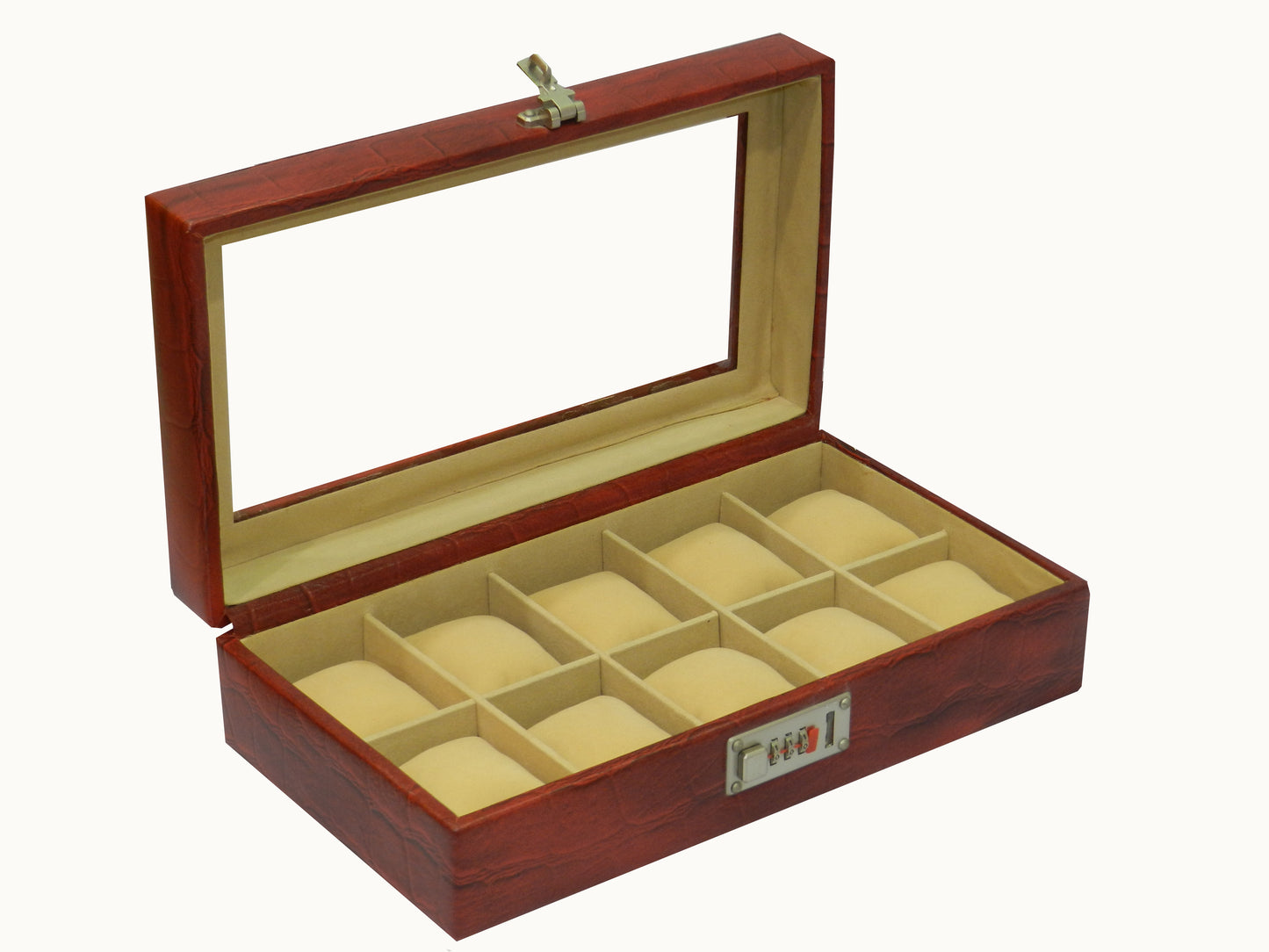 10 Slot Genuine Leather Premium Watch Box Glass Top
